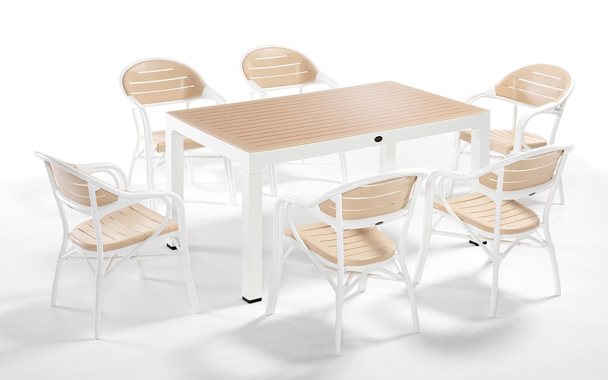 NOVUSSI BAMBOO CAMLI 6’lı SET bahçe mobilyası BEYAZ-FİLDİŞİ